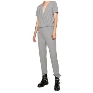 Zara Trafulc Wrap Maxi Jumpsuit Short Sleeve Ribbed V Neck Grey Size S